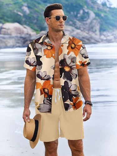 UOUA Men's Beach 2 Piece Outfits Hawaiian Flower Button Down Shirts and Shorts Sets4