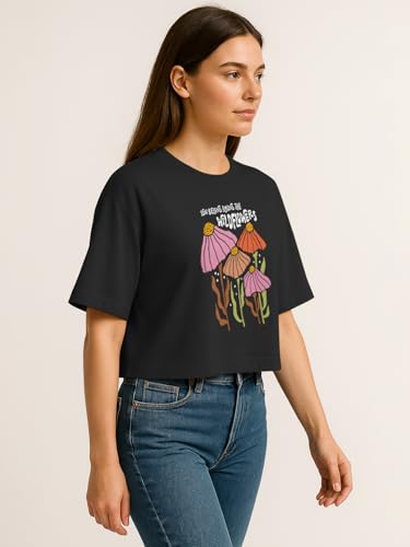 Image of HELLCAT Beige Printed Loose Fit Crew-Neck Crop T-Shirt for Women