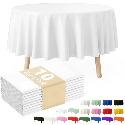 Fixwal White Plastic Table Cloth Disposable 84 Inch, Waterproof Round Tablecloth 10 Pack for Soccer Party Decoration, Picnic, Birthday by Fixwal - Used condition - US$11.89