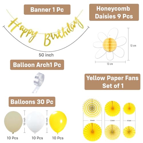 Image of Party Propz Sunshine & Floral Theme Happy Birthday Decoration Kit for Girls - 42 Pcs Birthday Decoration Kit for Kids, Baby Boy with Birthday Banner, Balloons, Yellow Paper Fans & Flower (Cardstock)