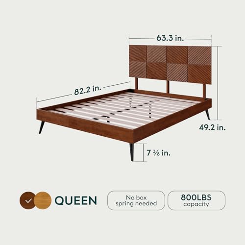 Image of Bme Rhombus Queen Bed Frame - Solid Rubber Wood with Geometric Rhombus Headboard, Walnut Finish, Scandinavian Modern Platform Bed with Sturdy Slats & Metal Legs, No Box Spring Needed