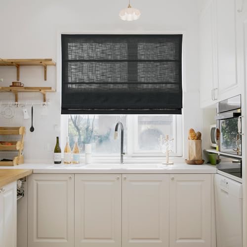 Image of TWOPAGES Liz No Drill Cordless Roman Shades Linen Textured Roman Blinds for Windows, Custom Made Room Darkening Blackout Roman Window Shades, Hardware Included, Black, 1 Piece