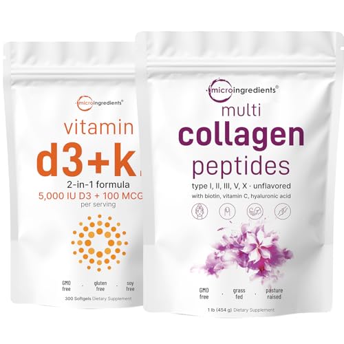 Micro Ingredients Multi Collagen Protein Powder 16oz & Vitamin D3 5,000iu + K2 100mcg Softgels Bundle 2 Pack | Grass-Fed Collagen Peptides | Essential Sunshine Vitamins