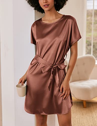 Ekouaer Women's Satin Nightgown Short Sleeve Sleepshirt Scoop Neck Nightshirt Silk Sleepwear Casual Cover Up Dress With Belt #TOP1
