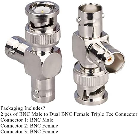 TUOLNK BNC Male to Dual BNC Female Plug T-Shape Triple Tee Connector 3 Way Coax Splitter Adapter for Security Systems/Coaxial Cable/Wireless Devices Pack of 2