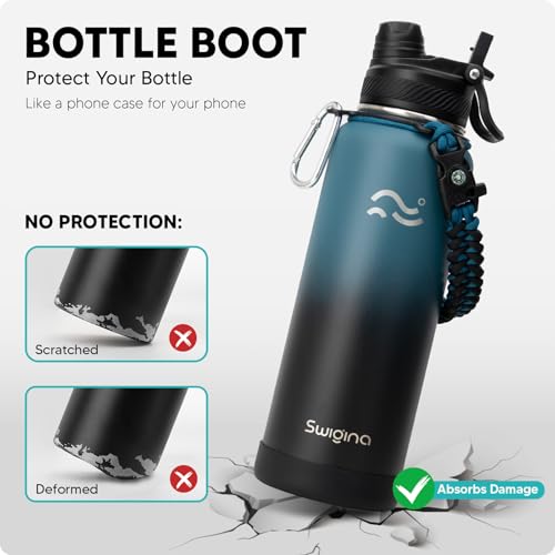 Image of Swigina [2-IN-1 LID] Insulated Water Bottle with Silicone Boot (36hrs Cold /18hrs Hot) - DIY Stickers, Leakproof, BPA Free, 40 oz