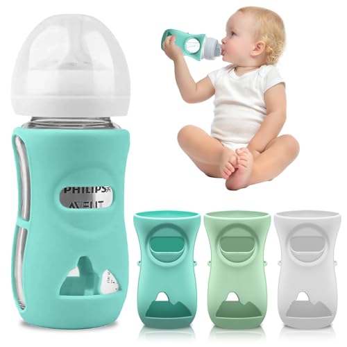 Image of Silicone Avent Glass Bottle Sleeve, Anti Breakage & Scratch-Proof, Protect Philips Avent Glass Bottles, Compatible with Philips Avent Glass Natural Baby Bottle 8 oz, BPA Free (White+Blue+Green)