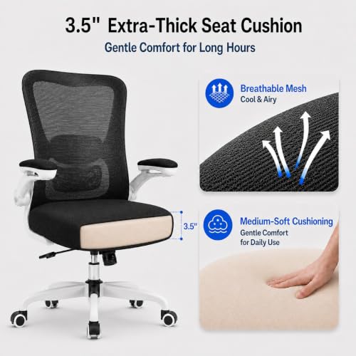 Image of Ergonomic Office Chair for Long Hours, Adjustable Padded Lumbar Support for Lower Back Relief, 330 lb Capacity, Comfortable Computer Desk Chair for Home Office, Work & Study
