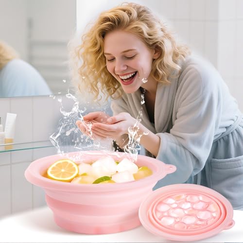 Image of Face Bowl for Ice with Built-In Icetray, Silicone Ice Facial Foldable Washbasin,Ice Bath for Face,Facial Plunge Bowl, Face Icebath at Home, Pink