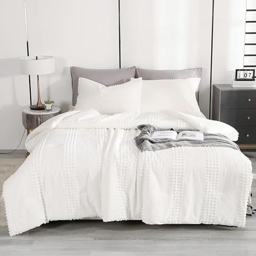 ENJOHOS White Twin XL Comforter Set - Boho Bedding Twin for Teen Girls, 3 PCS Tufted Comforter with Pom Pom Design for All Season, Lightweight Soft Microfiber Cooling Comforter with 2 Pillow Cases