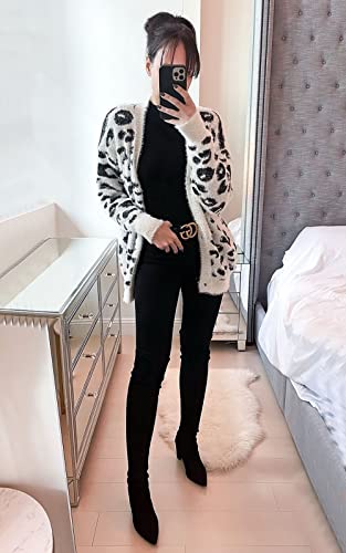 Btfbm Women Fashion Leopard Print Button Down Long Sleeve Soft Loose Knit Sweater Cardigan Coat Fall Winter Outwear (White, Small) #TOP3