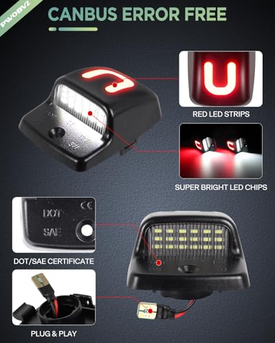 Image of Full LED License Plate Lights for Toyota Tacoma 2005-2015 Tundra 2000-2013 | Red U-Shape LED License Plate Lamp Assembly, 6000K White Rear Tag Lights, IP67 Waterproof, Plug & Play, Clear Lens, Pack of 2