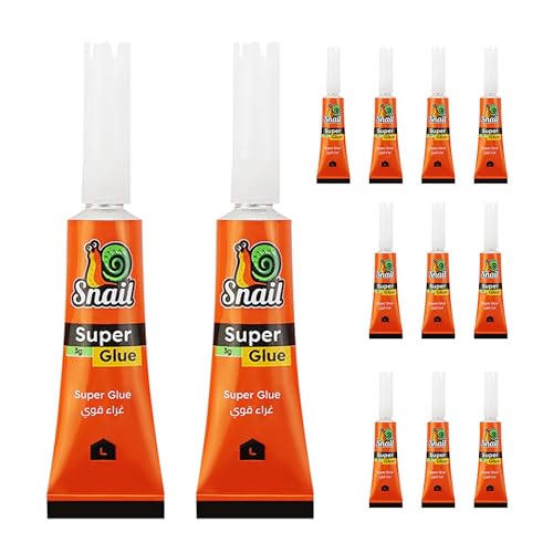 Lawazim Snail Super Glue -12 Piece 3g- All Purpose Instant Dry Cyanoacrylate Based Adhesive with Precision Applicator for Various Materials - Ideal for Metal Plastic Rubber Glass Leather and Wood
