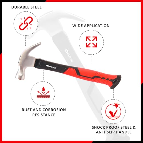 Image of Spartan 8 oz Hammer | 2 in 1 Flat Face & Nail Puller with Magnetic Nail Holder | Forged Steel Head for Strength & Durability | Fibreglass Anti-Slip Handle for Carpentry, Home & DIY Use