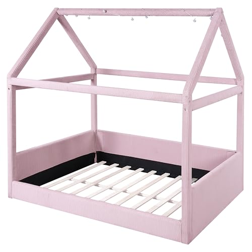 Image of Full Size Cute Corduroy Fabric Upholstered House Daybed with LED Light Strips and Vertical Striped Design, Low Solid Wood Platform Bed with Roof Frame for Kids Teens Girls Boys Bedroom (Pink-01)