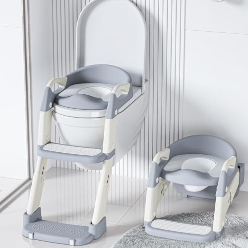 Image of Western Toilet Potty Seat For Kids, Baby Potty Training Seat Chair With Ladder, Adjustable Step Height, Cushion Seat | Kids Toilet Seat | Potty Seat For 1-8 Years Child Boys Girls (MNPL3 GREY)
