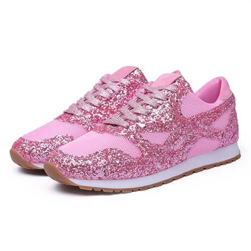 Women's Glitter Sneakers Lace up Casual Flat Sparkle Outdoor Non-Slip Leisure Walking Shoes2