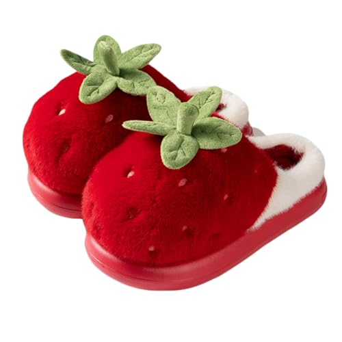 Zigihos Strawberry Fuzzy Friut Slippers for Women Cute Fluffy Plush Warm House Couple Slippers Winter (7 Red)