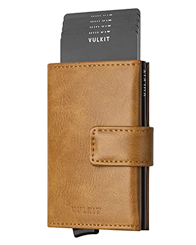 Image of VULKIT Pop Up Wallet, Genuine Leather Automatic Credit Card Holder Wallet RFID Blocking Bifold Pocket Wallet with Banknote Slot for Women Men, Tan, Standard, Minimalist