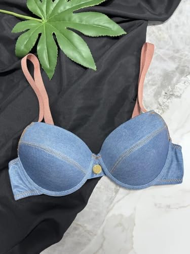 Image of ELEG & STILANCE Women's Padded Denim Look Push-Up Bra - Stylish Seam Detailing | Underwired Support | Casual Chic Innerwear