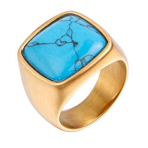 OAKKY Herren Persönlichkeit Vintage Kuppel Stil Quadrat Synthetik Türkis Edelstein Biker Ring Edelstahl Erklärung Ehering Gold Größe 75 (23.9) Cover