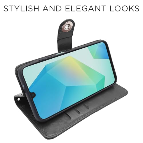 Image of Pikkme Flip Cover Leather Finish | Inside TPU with Card Pockets | Wallet Stand and Shock Proof | Complete Protection Button Flip Case for Samsung Galaxy A16 5G(Black)