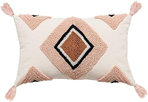 Funda de almohada lumbar tejida de algodón bohemio, con borlas y diamantes étnicos indios color rosa azul marino con borlas, funda de cojín