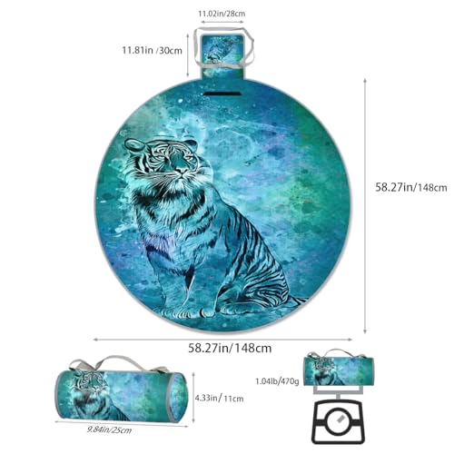 Shimoshe Watercolor Tiger Picnic Outdoor Blanket Foldable Waterproof Sandproof Beach Blanket Portable Water-Resistant Round Picnic Mat for Travel Camping Park Lawn