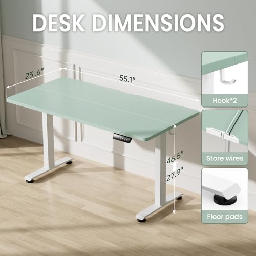 Image of Veken 55 Inch Large Electric Standing Desk, 4 Memory Heights Adjustable,Sit to Stand Up, Work Home Office Computer Table for Study, Walking Pad, Writing, and Games, Wooden Desktop Desks, Green