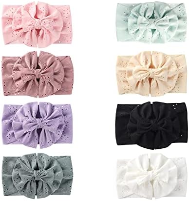 ONENINEDREAM 5'' Baby Soft Floral Embroidery Eyelet Handmade Tied Bow Hairbands Headwrap Hair Accessories for Newborn Infant Girls Toddlers Kids 8pcs Large Bow