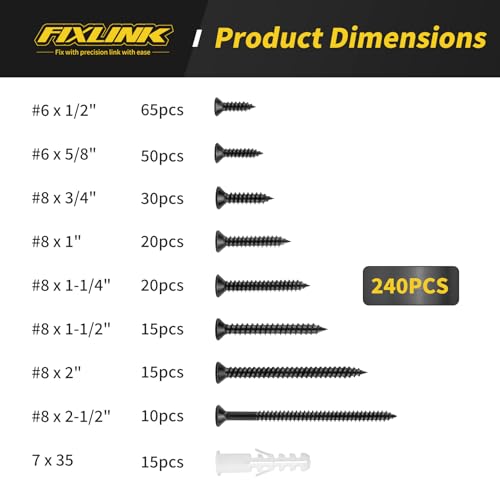 Kit d'assortiment de vis en bois, FIXLINK 240 PCS Ensemble de vis à tête plate haute dureté, vis à entraînement Phillips, contenant 15PC Ancrage à parois sèches et 8 Taille (2-1/2,2”,1-1/2,1-1/4,1”,3/4,5/8,1/2,), noir