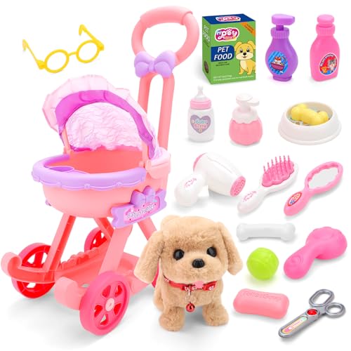 deAO Perro Juguete Que Anda y Ladra, Kit Veterinario Juguete Aseo Perro 18 Piezas Doctora Maletin Medicos con Cochecit y Peluche Perrito, Juego de rol Regalo para Niñas Niños 3 4 5 Años