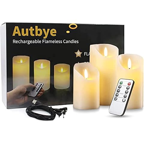Autbye Rechargeable Flameless Candles, LED Flickering Candles Tealights Pillar Candles Sets with Adjustable Brightness and Timing Remote, 4in 5in 6in Pack of 3 Cover