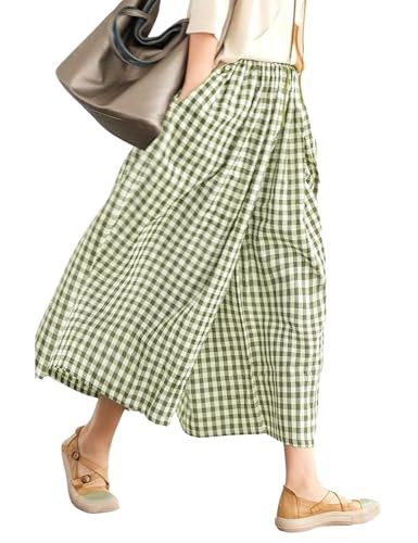 Image of LOMON Womens Wide Leg Capri Pants Gingham Plaid Culottes Summer Elastic Waist Palazzo Trousers Bottoms with Pockets