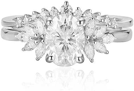Frayerr Art Deco Proposal Ring - 1.50 Carat Excellent Oval Cut Moissanite Engagement Rings for Women - Anniversary Bridal Set Ring - Platinum Plated Silver Stacking Rings - Moissanite Wedding Band - Matching Rings (5)
