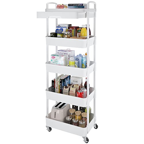 Image of Calmootey 5-Tier Rolling Utility Cart with Drawer,Multifunctional Storage Organizer with Plastic Shelf & Metal Wheels,Storage Cart for Kitchen,Bathroom,Living Room,Office,White