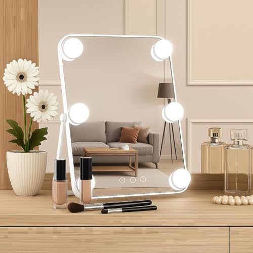 Image of Hollywood Vanity Mirror with Lights, Personal Makeup Mirrors with 6pc LED Bulbs, Cosmetic Mirrors for 3 Color Lighting,Touch Control (White)