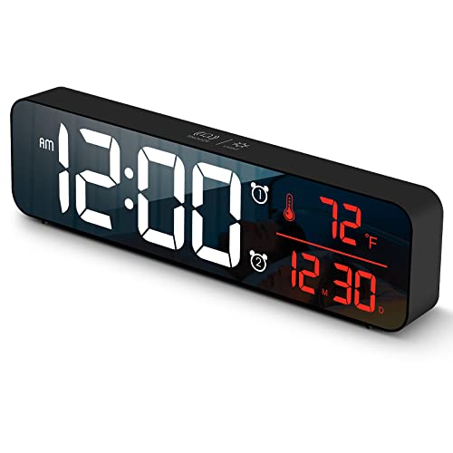 Abovsare Digital Clock for Bedroom, Clocks for Living Room Decor, Desk Table Clock, Alarm Clock Large Display with Date Week Temperature, Automatic Brightness Dimmer, Smart Cool Modern (Red)