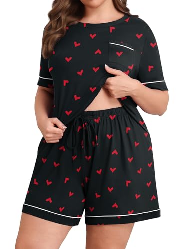 Lastshe Women Plus Size Pajama Sets Knit Soft 2 Piece Short Sleeve Shorts with Pockets Pjs Lounge Set Loungewear,Black Red Heart-1X