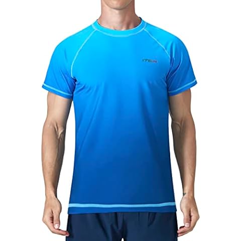Mens Swim Shirts UPF 50+ Sun Protection Quick Dry SPF Rash Guard Outdoor Beach Fishing T Shirts(Short Sleeve GradientOcean,XL) Cover