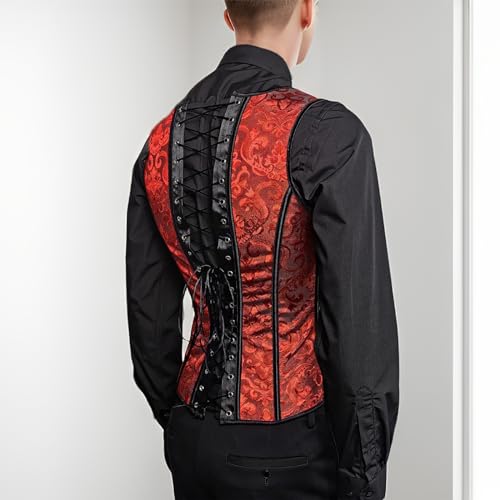 Mens Corset Vest Wasit Trainer Red Print Medieval Waistcoat Lace Up Bones Formal Tops Wedding Stage3