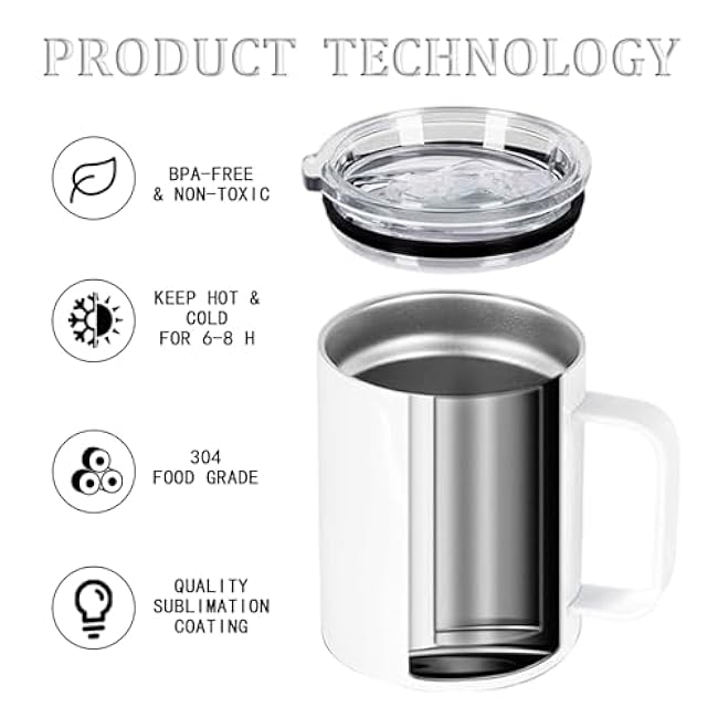 12OZ Sublimation Insulated Stainless Steel Coffee Mug with Lid Bulk 1 Pack,Double Wall Vacuum Travel Coffe Cup with Handle,Reusable Metal Thermos Tumbler,Camping Mugs Keep Hot