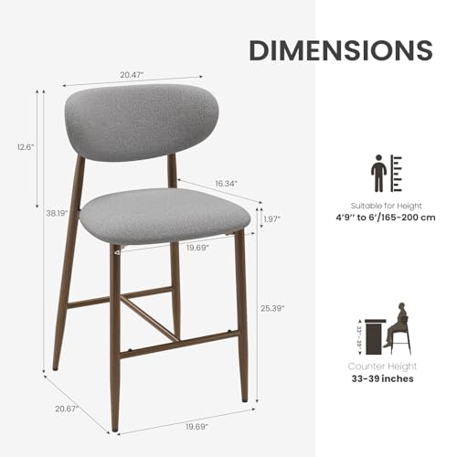 Image of MALOL Bar Stools Set of 2, Upholstered Counter Height bar stools with Backs and Metal Legs, Modern Kitchen Bar Stools for Kitchen Island, Counter, Light Grey