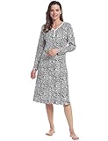 Joyaria Damen Nachrhemd Langarm Flanell Baumwolle Schlafhemd Schlafkleid Hauskleid Lang Knöpfe Winter Warm Jersey Pyjama Kleid(Leopard Weiß, Große XL)