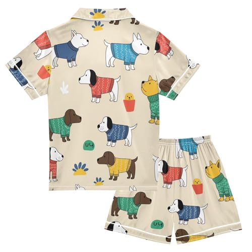 Satin Pajama Sets Short Sleeve Dogs Wearing Sweaters Pattern Print Button Down Silky Nightwear 2 Piece PJS 5-14Y2