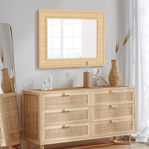 FUWU HOME Rattan Wall Mirror with Wooden Framed 22 X 28 inch Farmhouse Rectangle Wood Mirror for Wall Decor Bathroom, Living Room, Entryway, Bedroom - Image 2