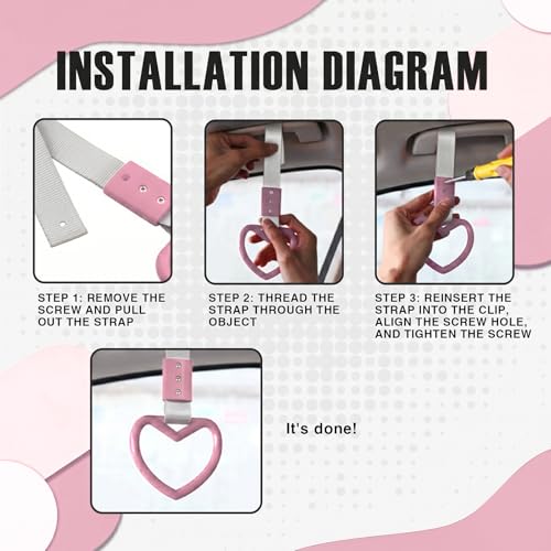 Image of 2PCS Heart Shaped Car Handle Straps, Rear Bumper Warning Keychain Ring for Car Exterior Accessories (Pink-Silver)