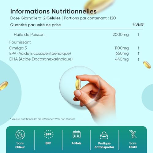 Oméga 3 Huile de Poisson Gélules 2000mg, 240 Gélules pour 4 Mois - avec EPA 660mg & DHA 440mg, Fish Oil Omega 3 sans Odeur, Selon l'EFSA, l'EPA et le DHA Contribuent au Fonctionnement Normal du Cœur – Image 5
