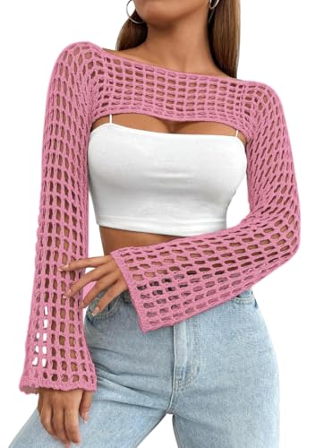 Image of Womens Crochet Shrug Y2K Hollow Out Bolero Shrug See Through Cropped Knit Sweater Top