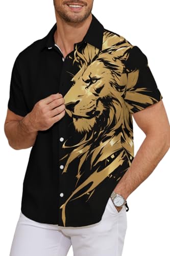 Kiptmug Lion Animal Print Hawaiian Shirts for Men Button Down Tropical Summer Beach Shirts Lion 2XL